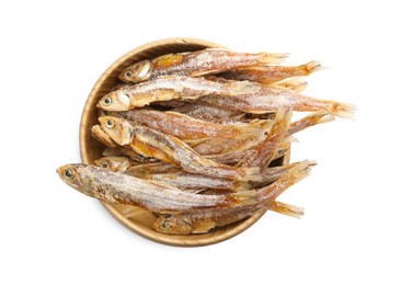 Delicious dried salted anchovies on white background, top view