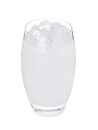 Photo of Glass of coconut water with ice cubes isolated on white