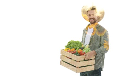 Image of Double exposure of happy farmer and sunflower field on white background