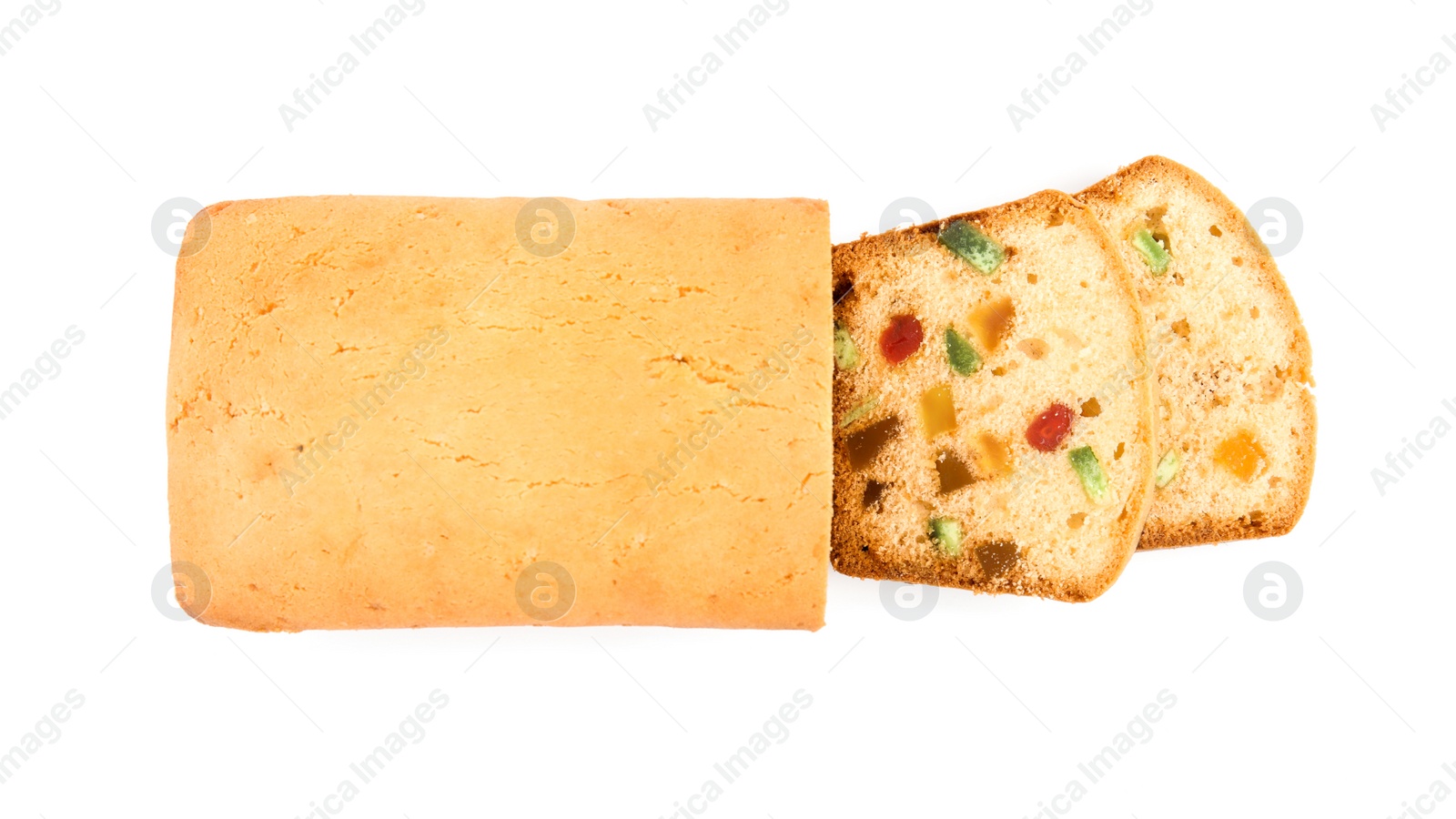Photo of Delicious cake with candied fruits on white background, top view