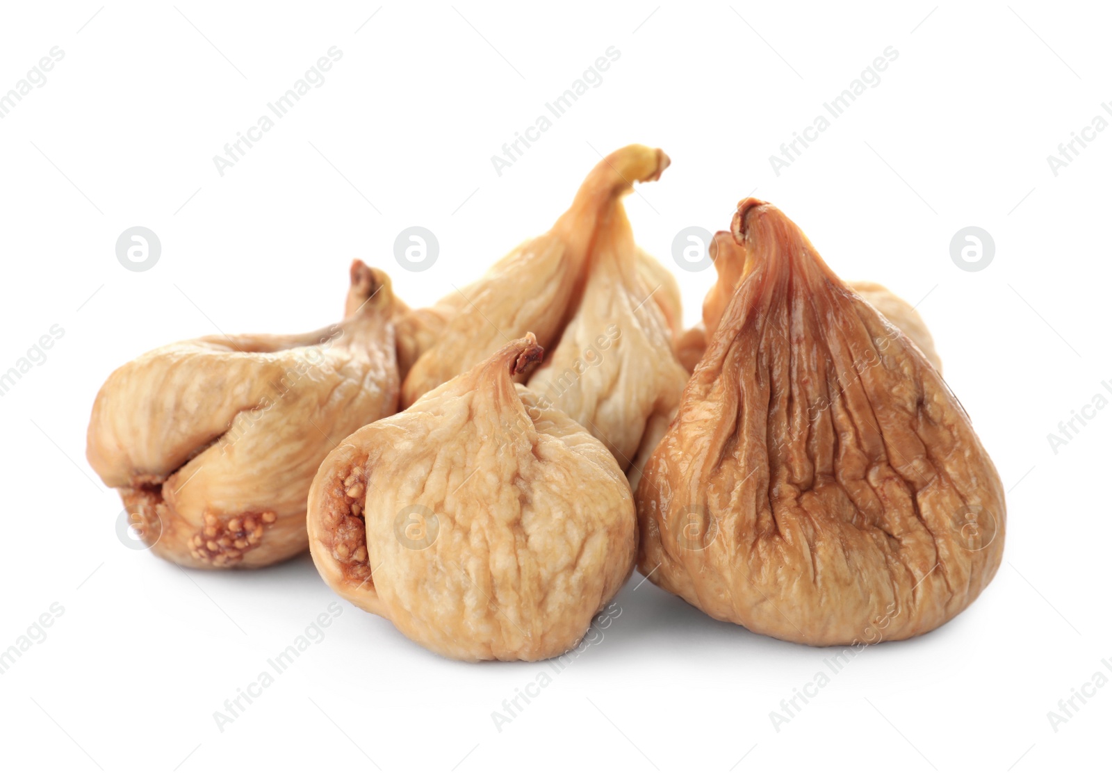 Photo of Tasty figs on white background. Dried fruit as healthy food