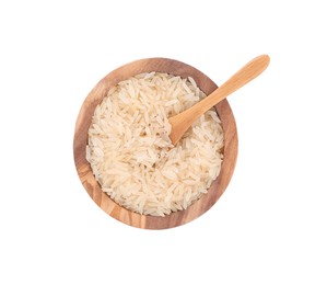 Raw rice in wooden bowl isolated on white, top view