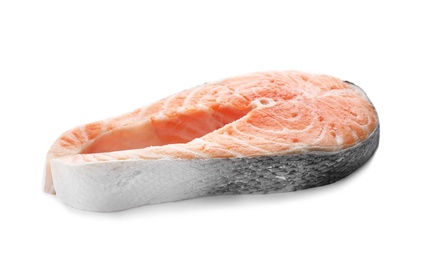 Photo of Fresh salmon steak on white background