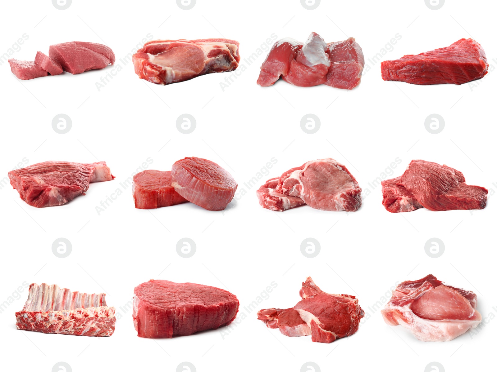 Image of Set with raw meat on white background