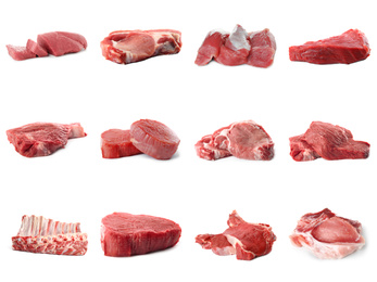 Image of Set with raw meat on white background