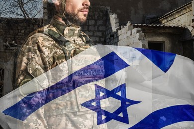Military, flag of Israel and ruined house, double exposure