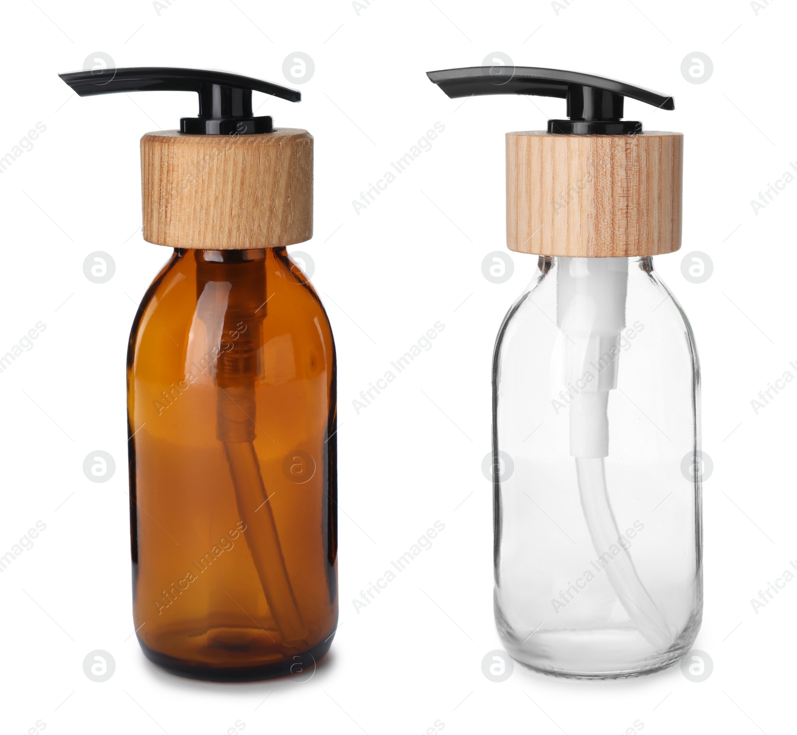 Image of Two glass pump bottles isolated on white