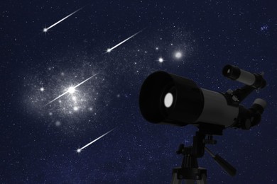 Image of Astronomy. Viewing beautiful starry sky through telescope at night