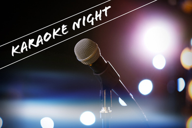 Modern microphone and text KARAOKE NIGHT on dark background