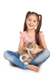 Photo of Cute little girl with cat on white background