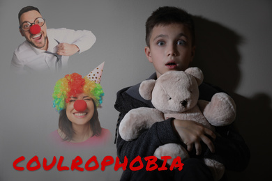 Image of Coulrophobia concept. Scared little boy with teddy bear and phantom of clowns