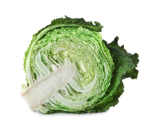 Photo of Half of fresh green savoy cabbage on white background