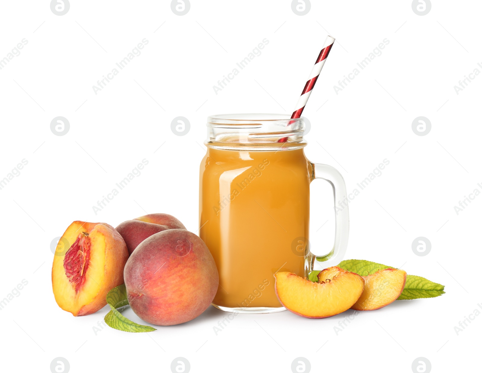 Photo of Natural freshly made peach juice on white background