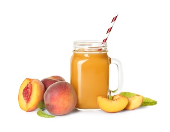 Natural freshly made peach juice on white background