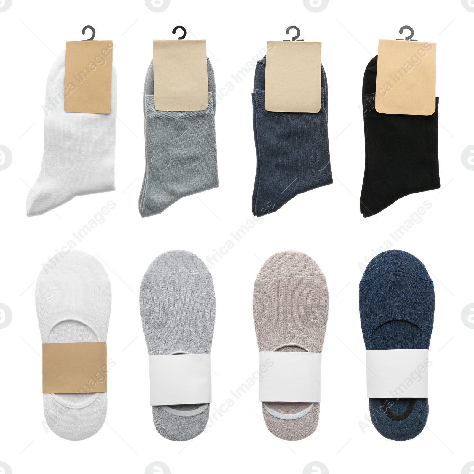 Image of Pairs of cotton socks with blank labels on white background, collage 