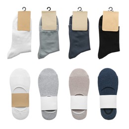 Image of Pairs of cotton socks with blank labels on white background, collage 