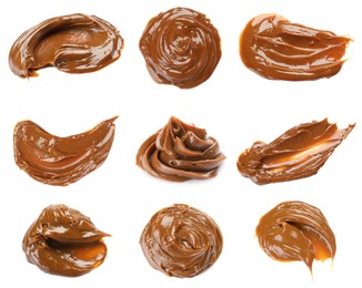 Image of Collage with boiled condensed milk on white background