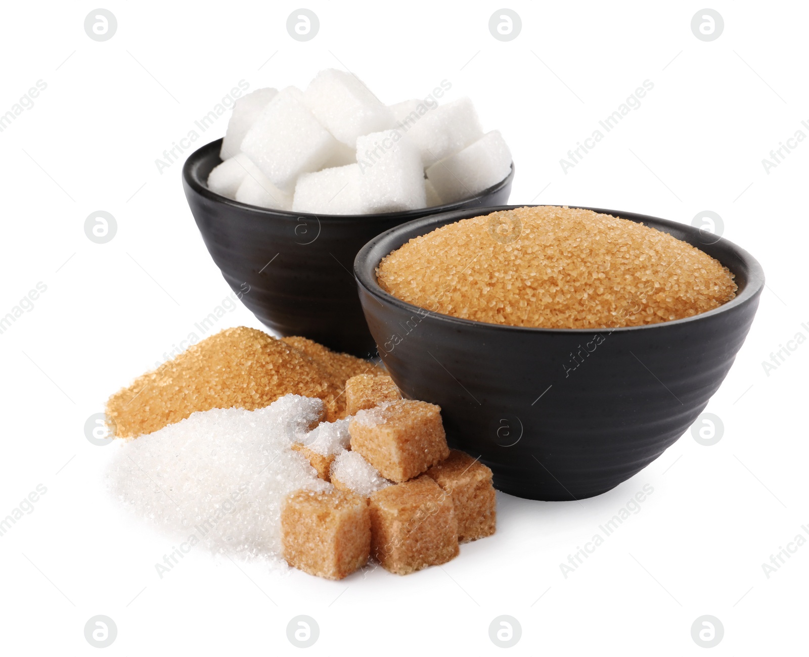 Photo of Different types of sugar on white background