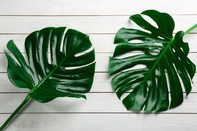 Photo of Beautiful monstera leaves on white wooden background, flat lay. Tropical plant