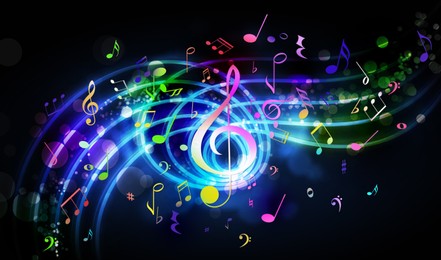 Illustration of Many music notes and other musical symbols on black background. Bright illustration