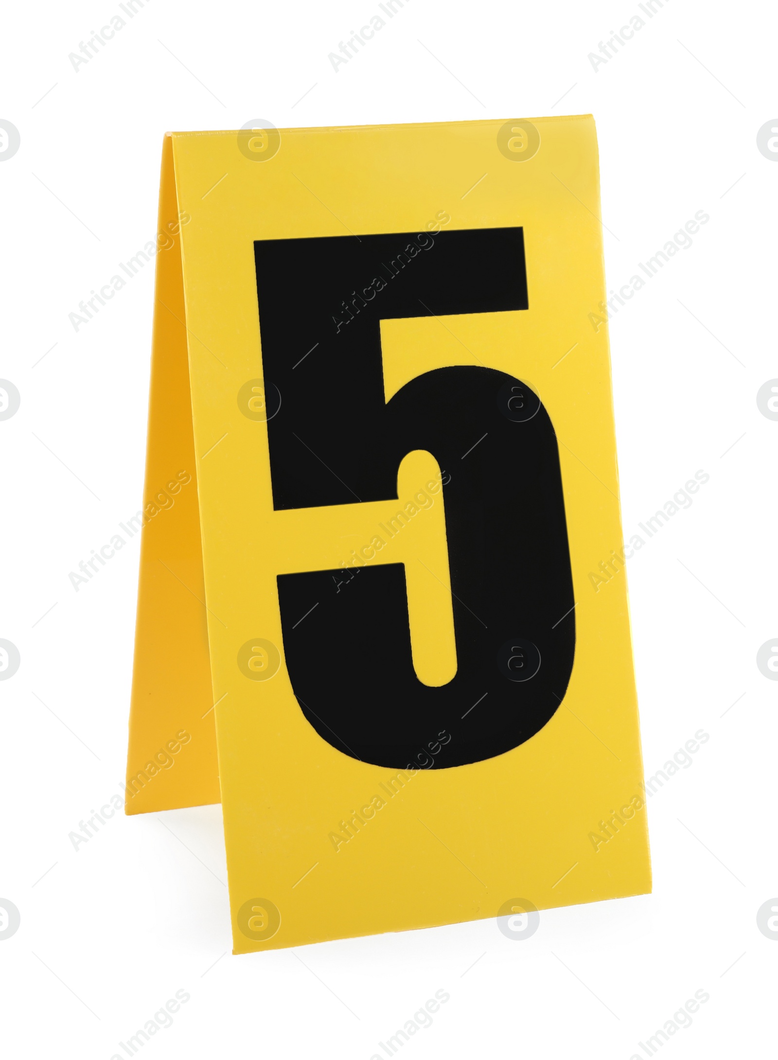 Photo of Yellow crime scene marker with number five on white background