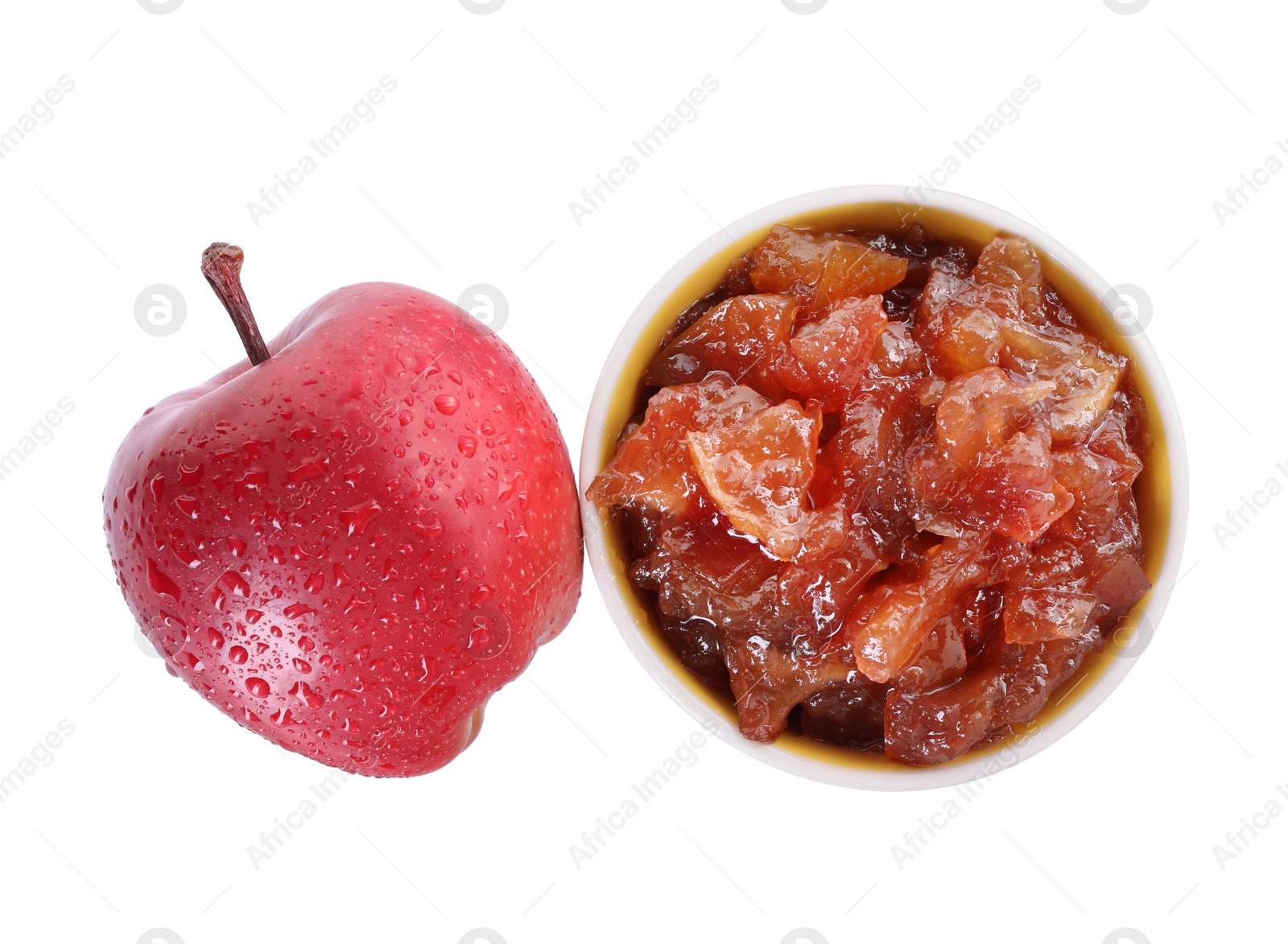 Photo of Bowl of delicious apple jam and fresh fruit isolated on white, top view