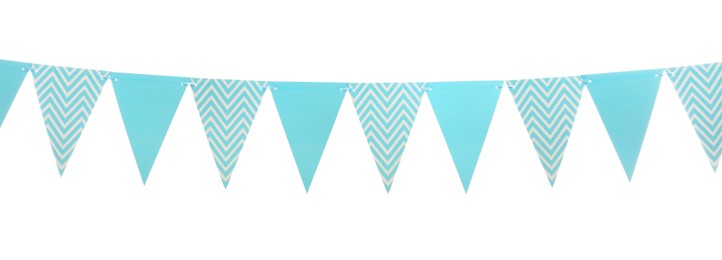 Triangular bunting flags on white background. Festive decor