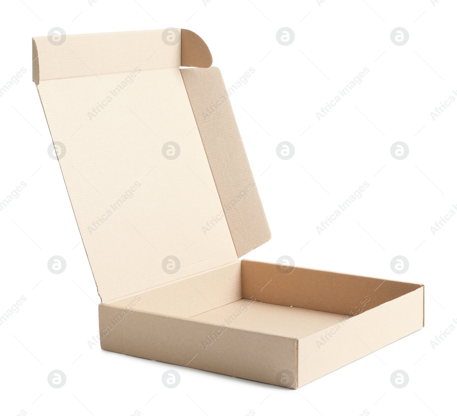 Photo of Open cardboard pizza box on white background