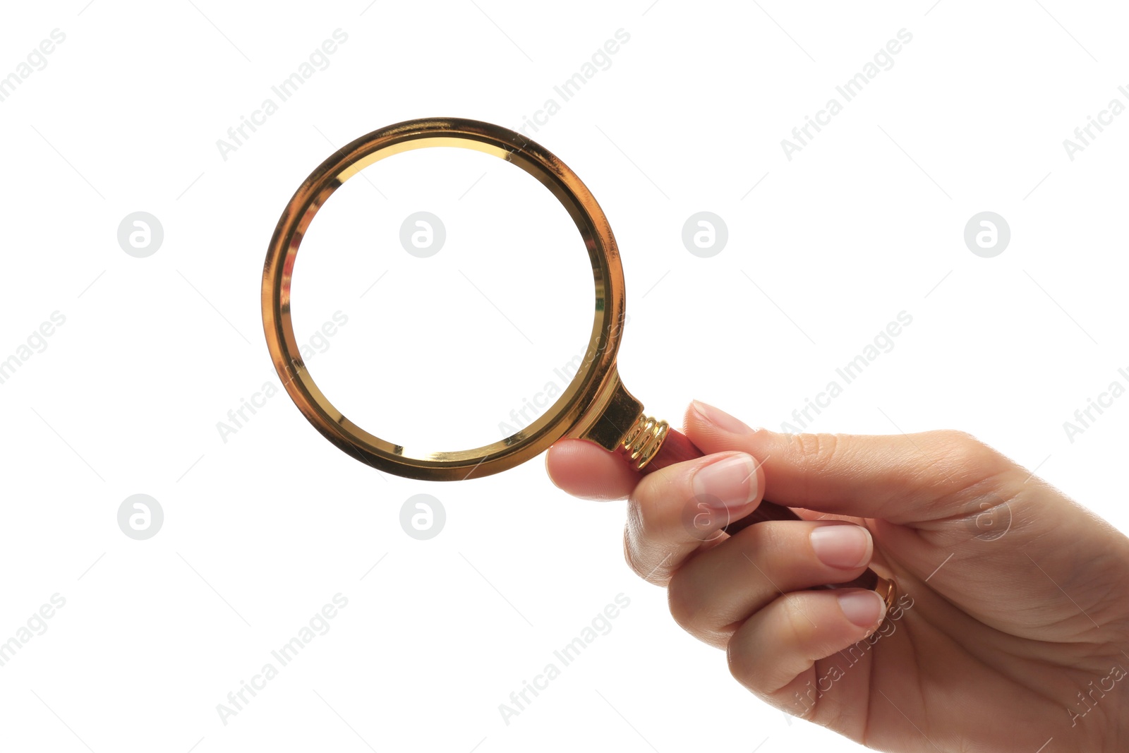 Photo of Woman holding magnifying glass on white background, closeup