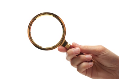 Photo of Woman holding magnifying glass on white background, closeup