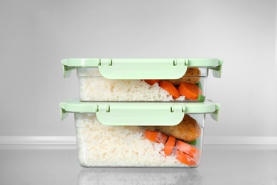 Photo of Boxes with prepared meals inside of refrigerator