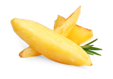 Tasty baked potato wedges with rosemary on white background