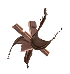 Image of Yummy melted chocolate and falling pieces on white background