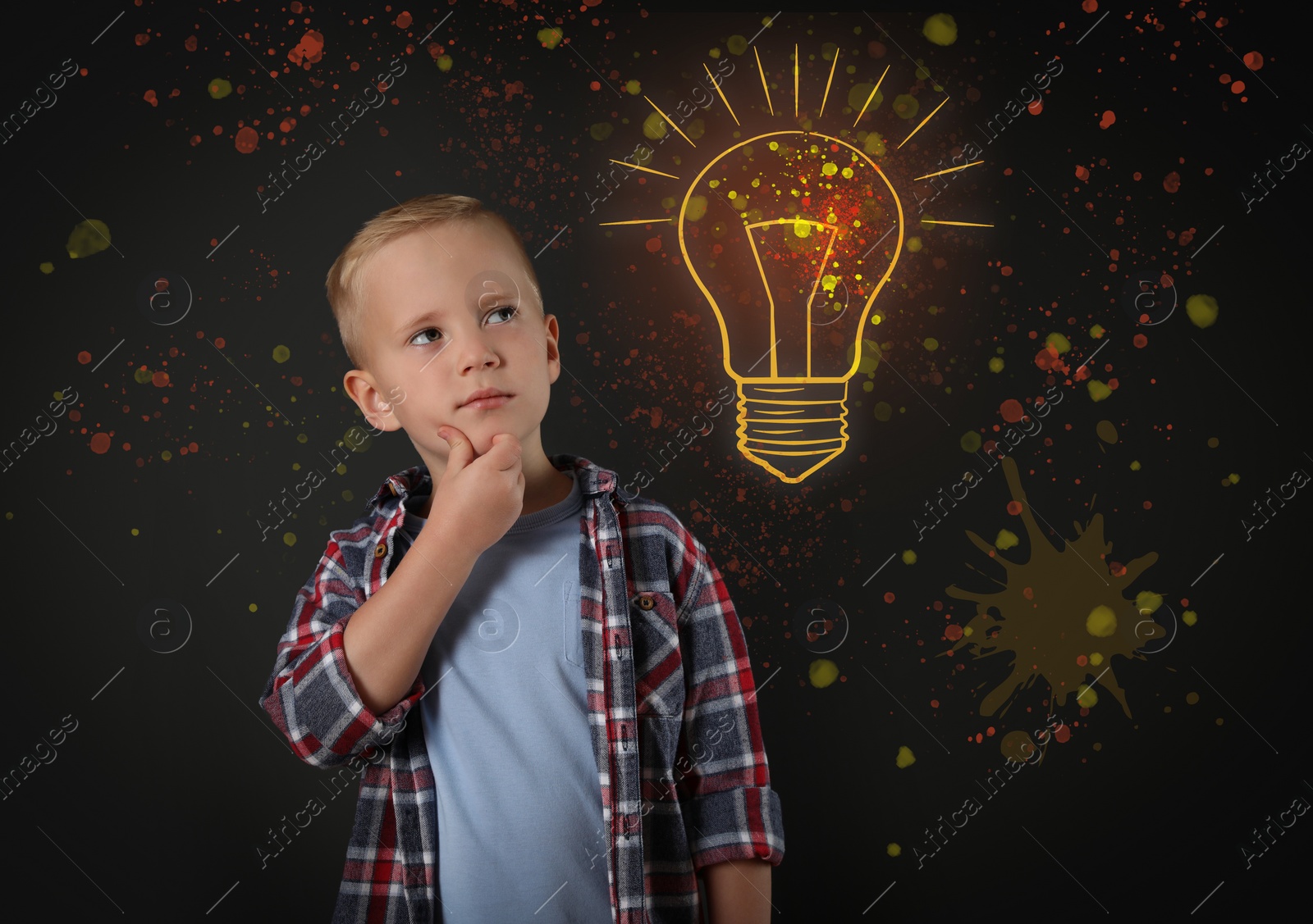 Image of Lightbulb illustration and thoughtful little boy on dark background. Idea generation