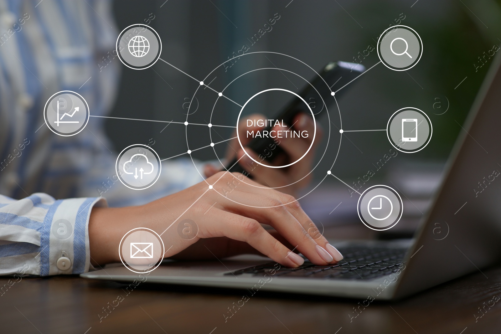 Image of Businesswoman with smartphone working on laptop indoors, closeup. Digital marketing