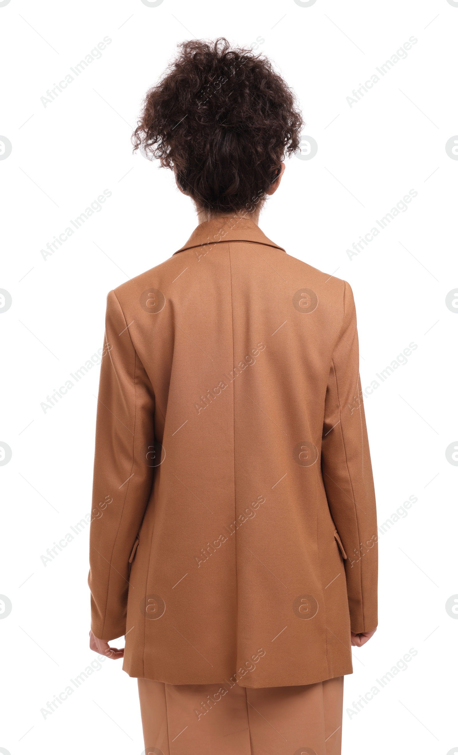 Photo of Businesswoman in suit on white background, back view