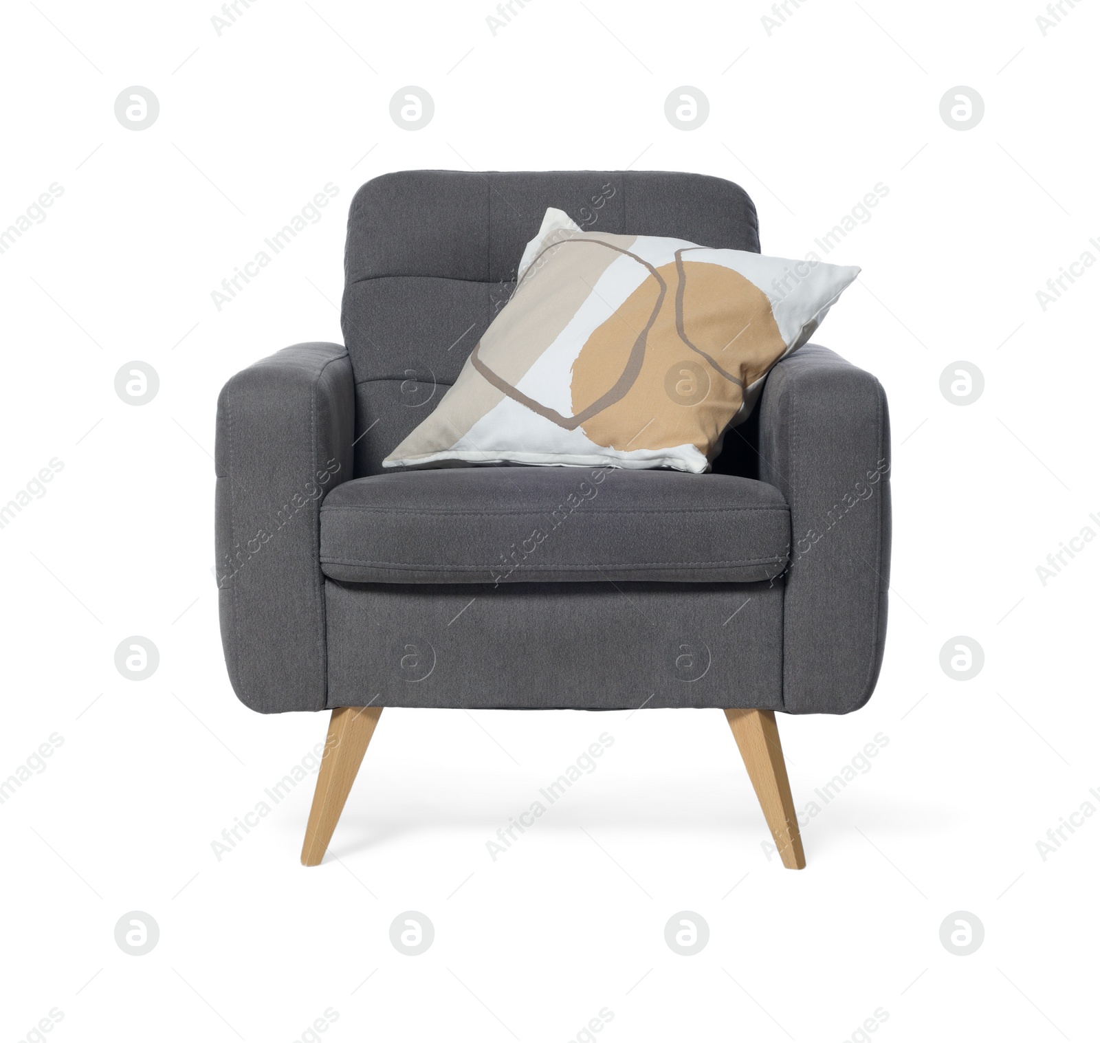 Photo of One grey armchair with pillow isolated on white