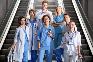 Group of medical students in college hallway