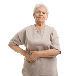 Photo of Elderly woman suffering from ache on white background