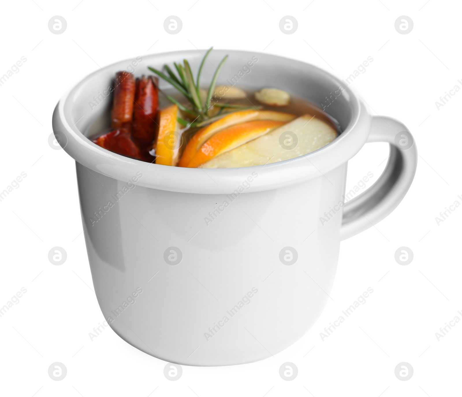 Photo of Delicious aromatic mulled wine isolated on white