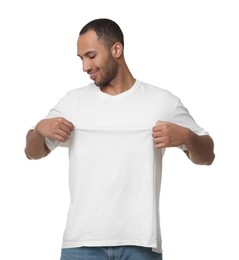 Photo of Man wearing stylish t-shirt on white background