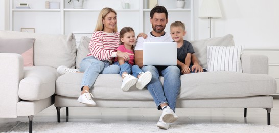 Image of Happy family with children at home. Banner design