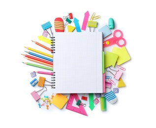 Composition with different school stationery and notebook on white background