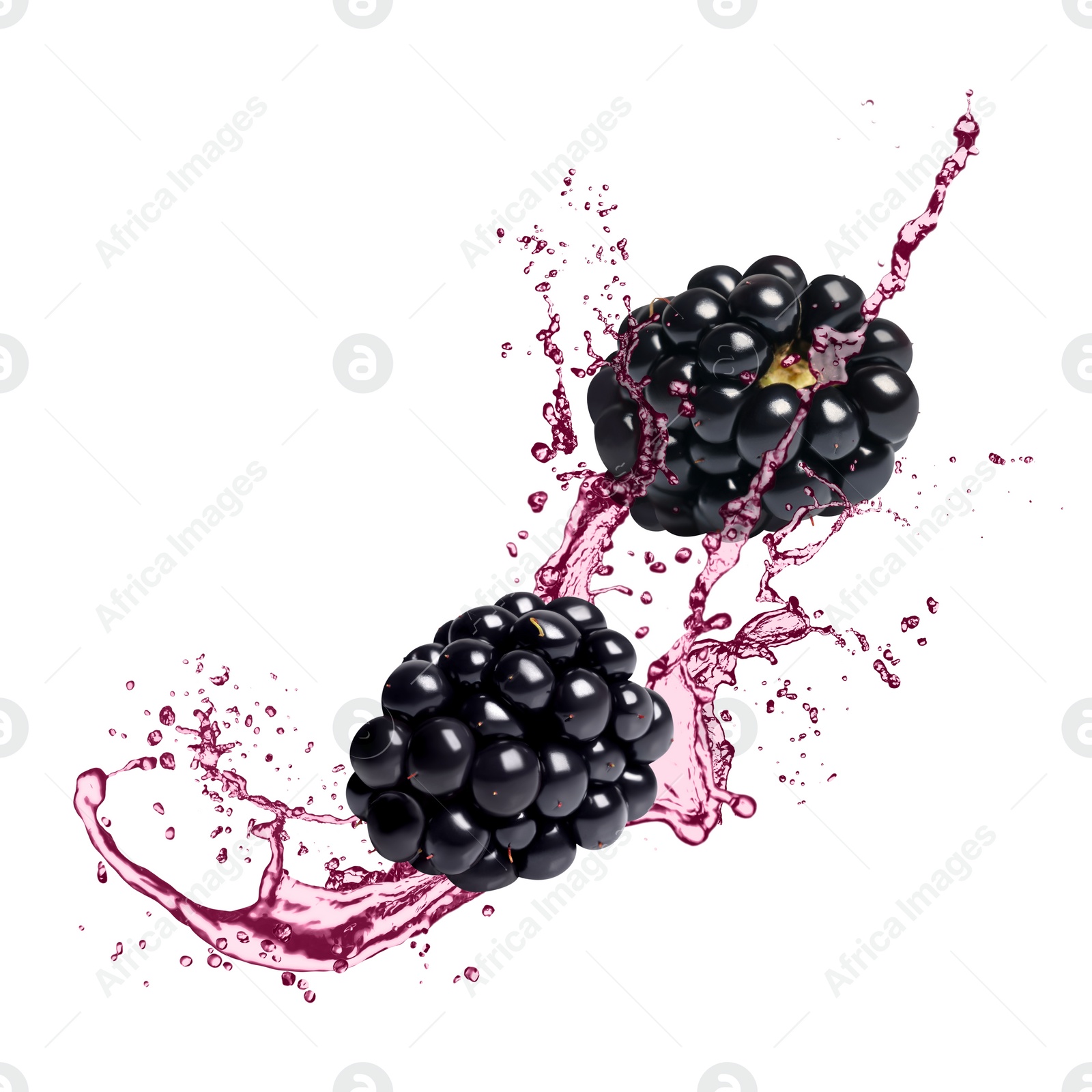 Image of Fresh blackberries and juice in air on white background