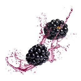 Image of Fresh blackberries and juice in air on white background