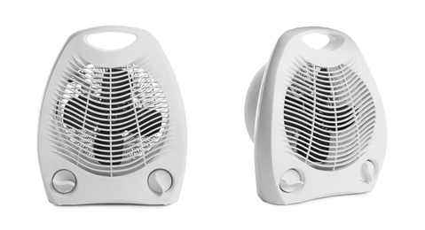 Image of Modern electric fan heaters on white background, collage 