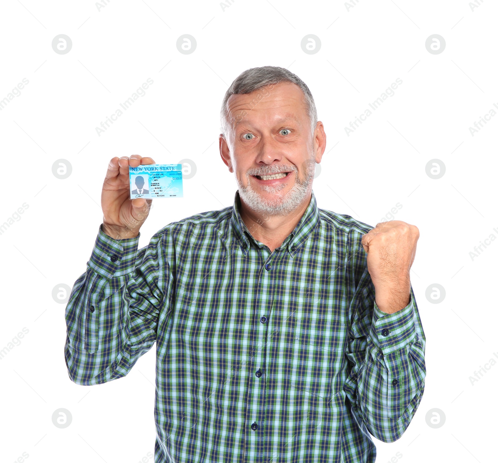 Photo of Happy mature man with driving license on white background