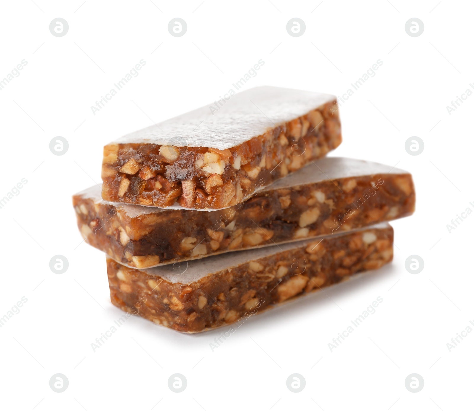 Photo of Tasty protein bars on white background. Healthy snack