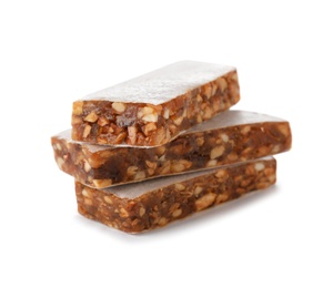 Photo of Tasty protein bars on white background. Healthy snack