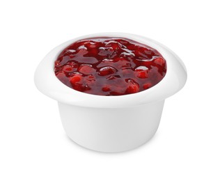 Photo of Fresh cranberry sauce in bowl isolated on white